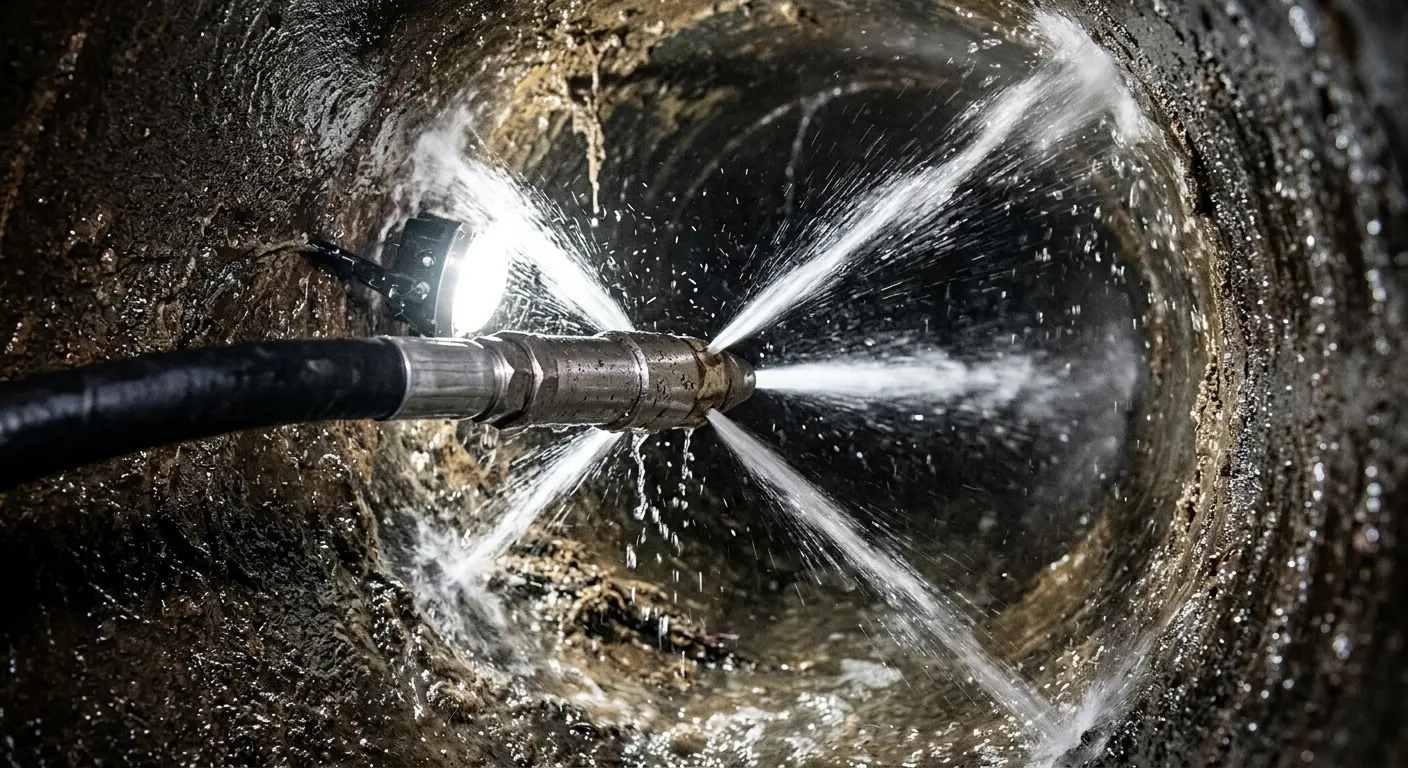 High-pressure hydro jetting nozzle cleaning sewer pipe for Emergency Drain Service in Parkersburg