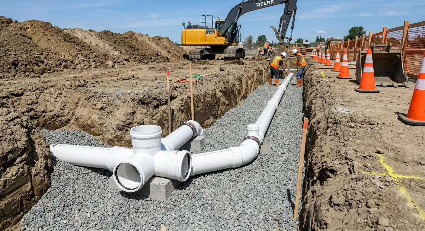 New PVC sewer pipe installation in open trench for Sewer Backup in Parkersburg