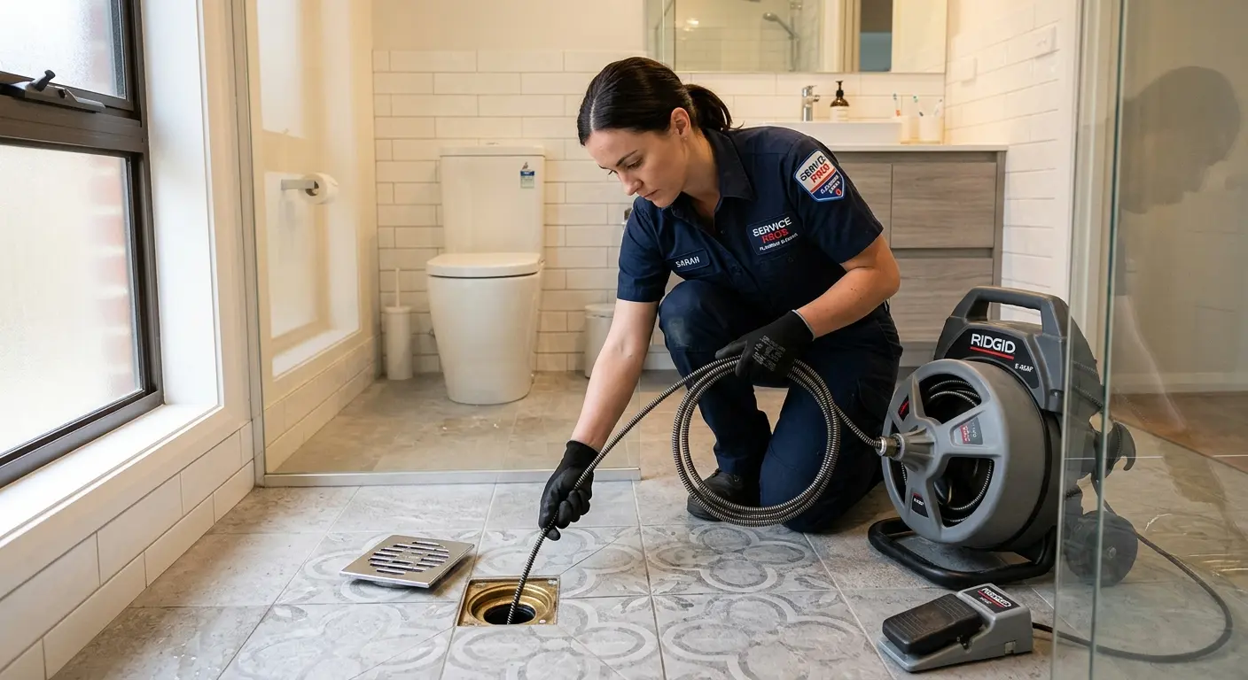 Technician clearing a bathroom floor drain for Drain Repair in Parkersburg